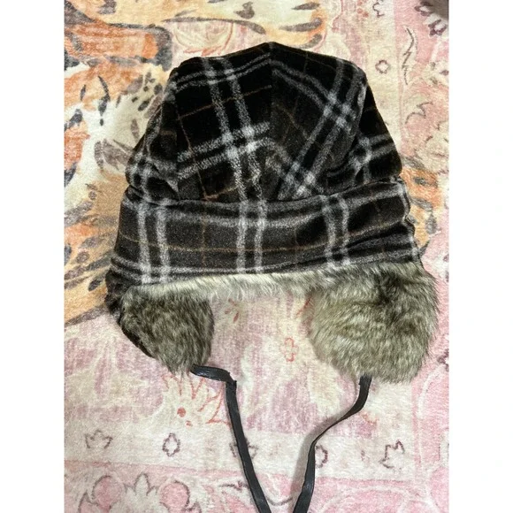 Champs Sports Trapper Hat Brown Plaid Faux Fur Ushanka Aviator Winter Cap Mens - Picture 3 of 6